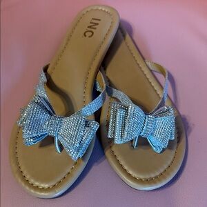 INC International Concepts Silver Rhinestone Bow Slide Sandals